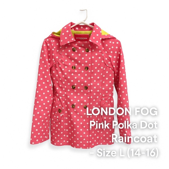 London Fog Pink Polka Dot Hooded Raincoat – Girls Size L (14–16) Barbiecore - Picture 2 of 15